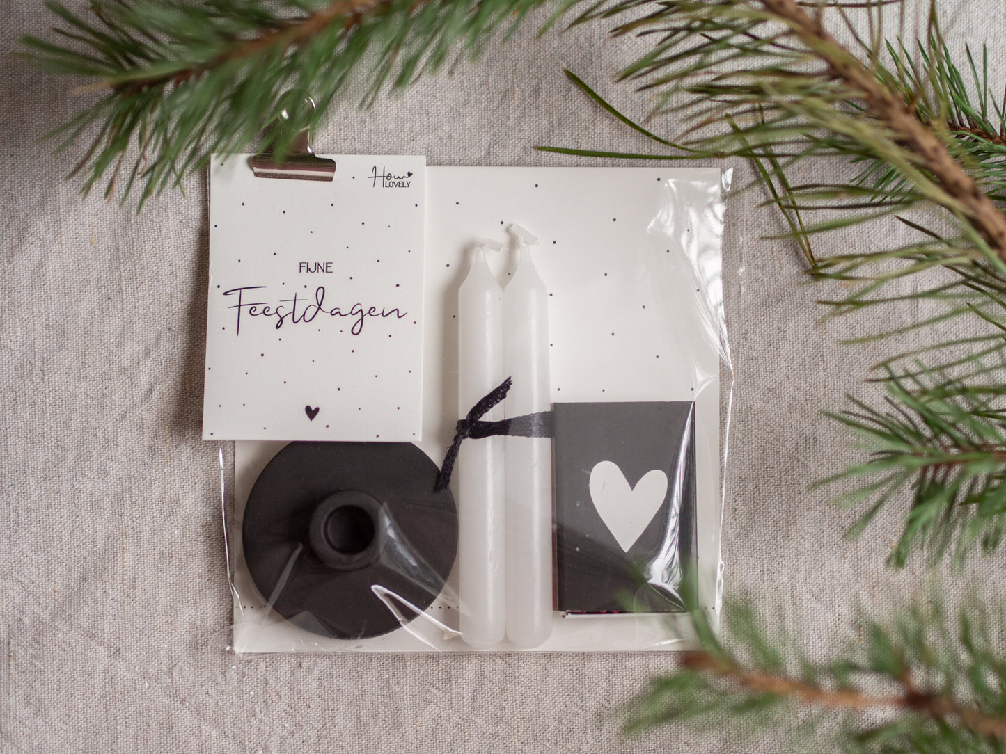 Cadeauset | Potloodkaarsjes, kandelaar, lucifers + tekst