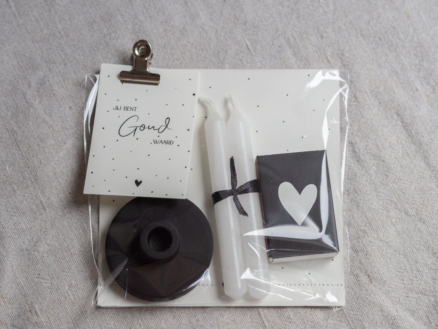 Cadeauset | Potloodkaarsjes, kandelaar, lucifers + tekst