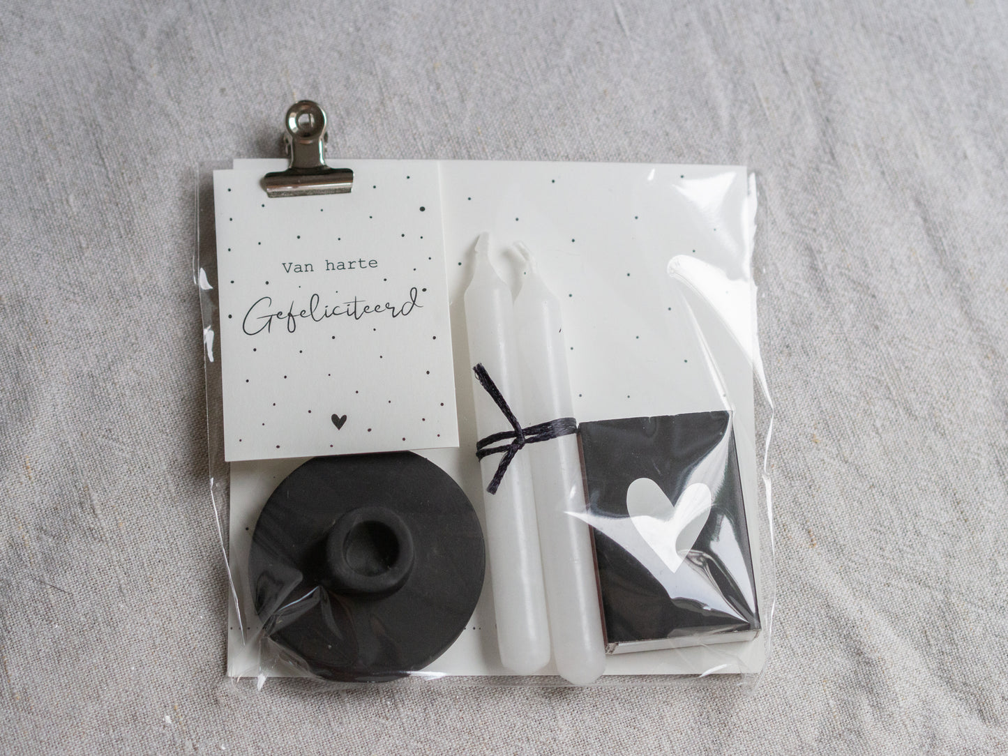 Cadeauset | Potloodkaarsjes, kandelaar, lucifers + tekst